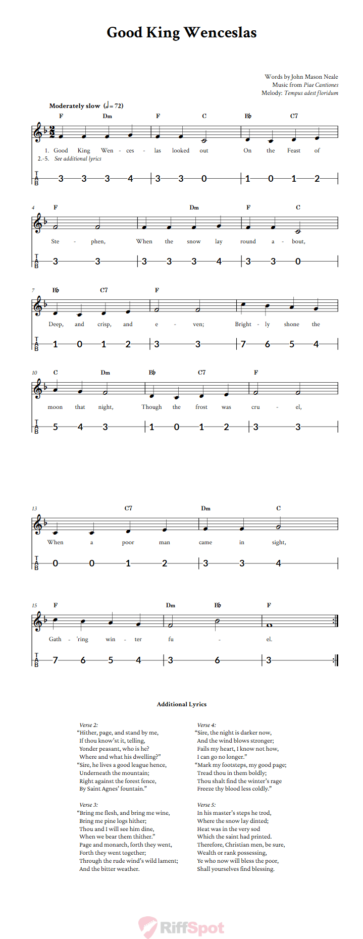 Good King Wenceslas Canjo Sheet Music and Tab