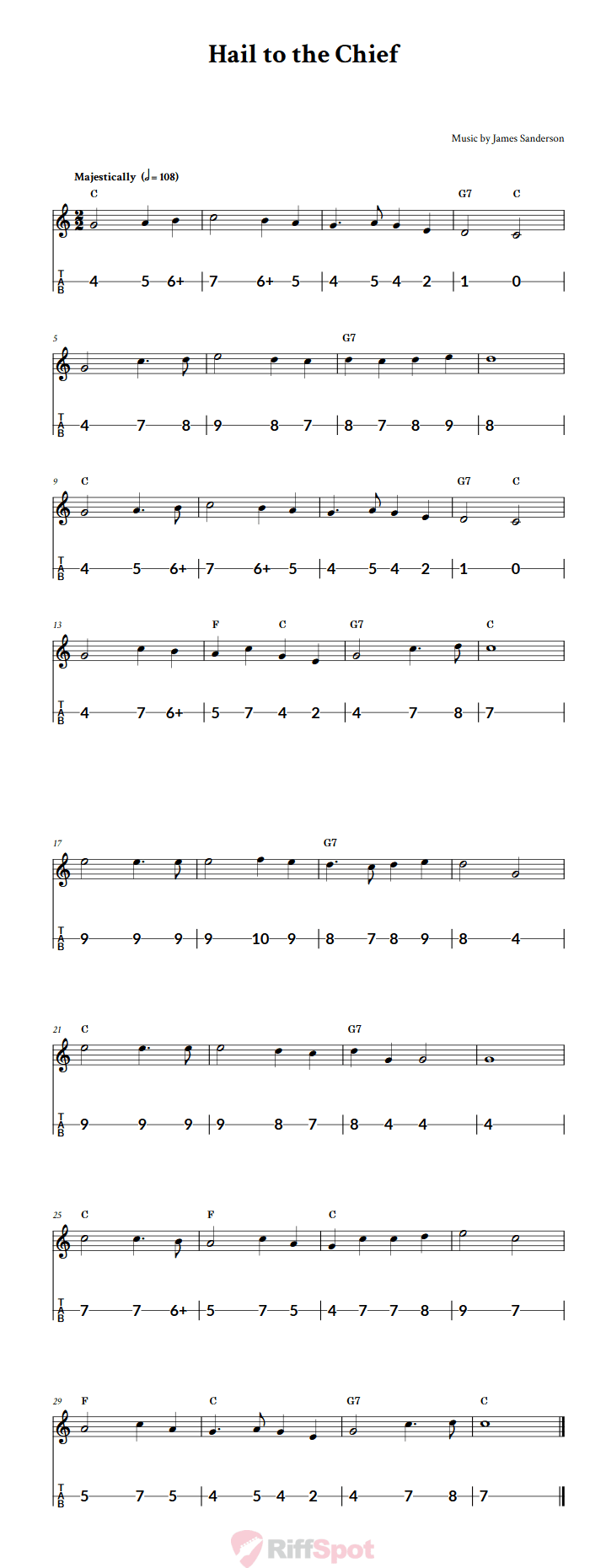 Hail to the Chief Canjo Sheet Music and Tab