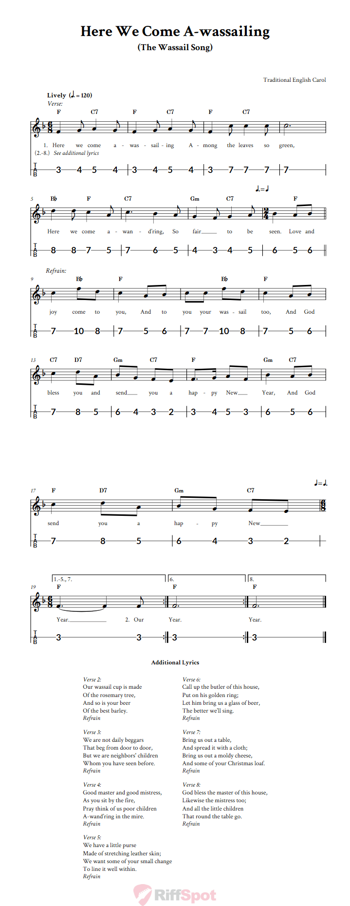 Here We Come A-wassailing Canjo Sheet Music and Tab