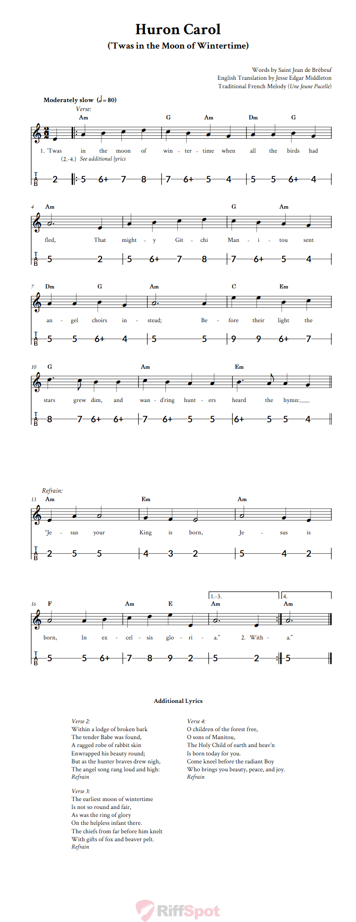 Huron Carol Canjo Sheet Music and Tab