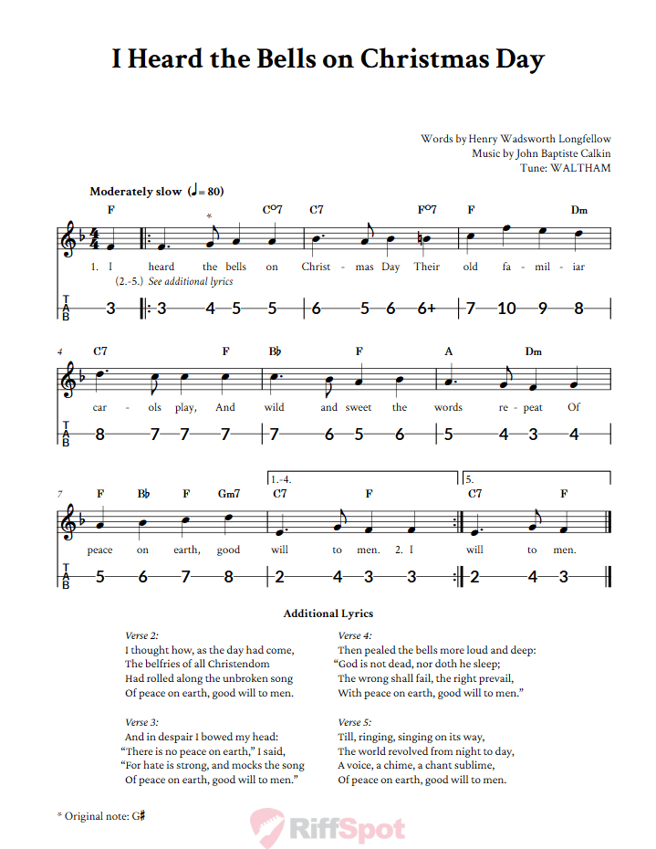 I Heard the Bells on Christmas Day Canjo Sheet Music and Tab