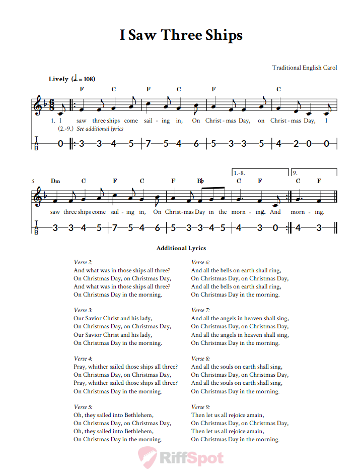 I Saw Three Ships Canjo Sheet Music and Tab