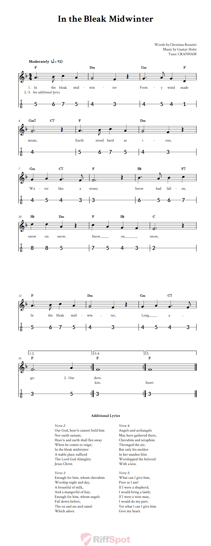 In the Bleak Midwinter Canjo Sheet Music and Tab