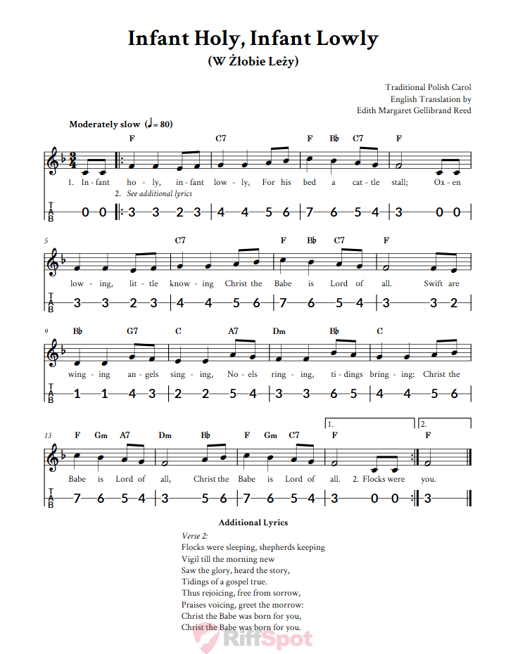 Infant Holy, Infant Lowly Canjo Sheet Music and Tab