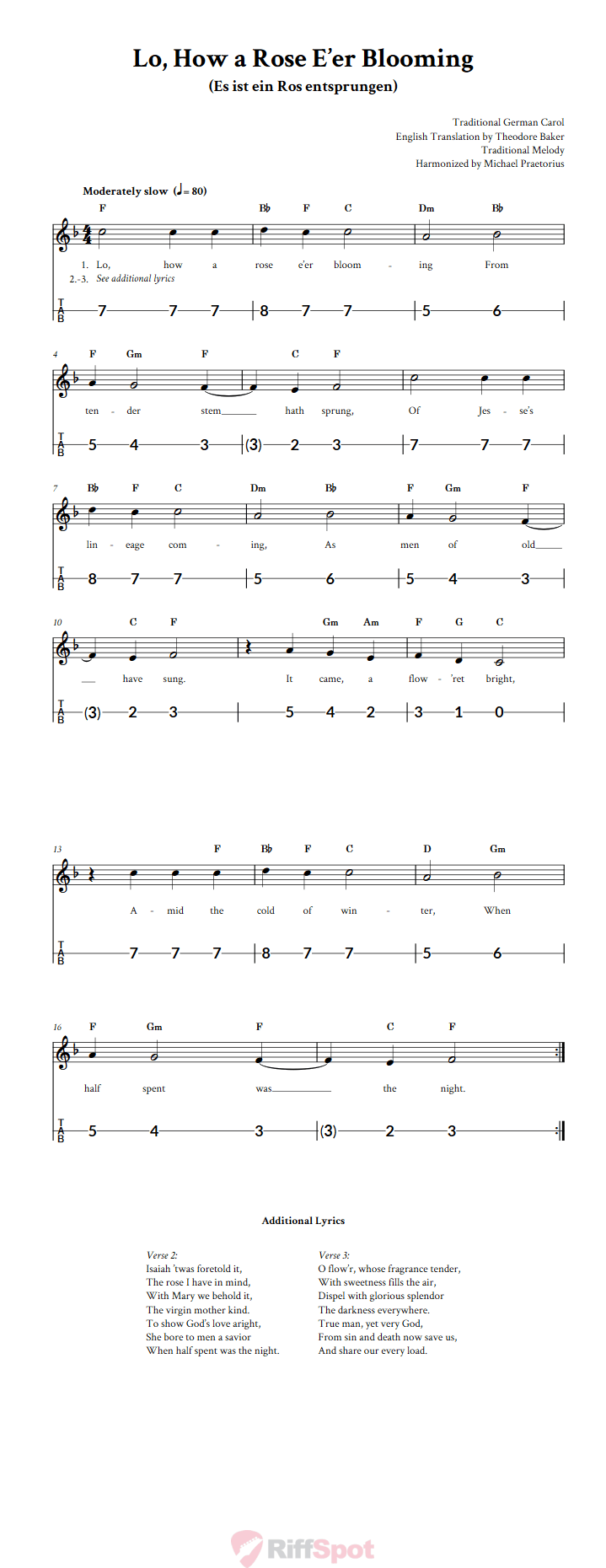 Lo, How a Rose E'er Blooming Canjo Sheet Music and Tab