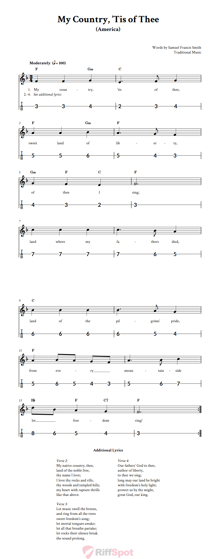 My Country, 'Tis of Thee Canjo Sheet Music and Tab