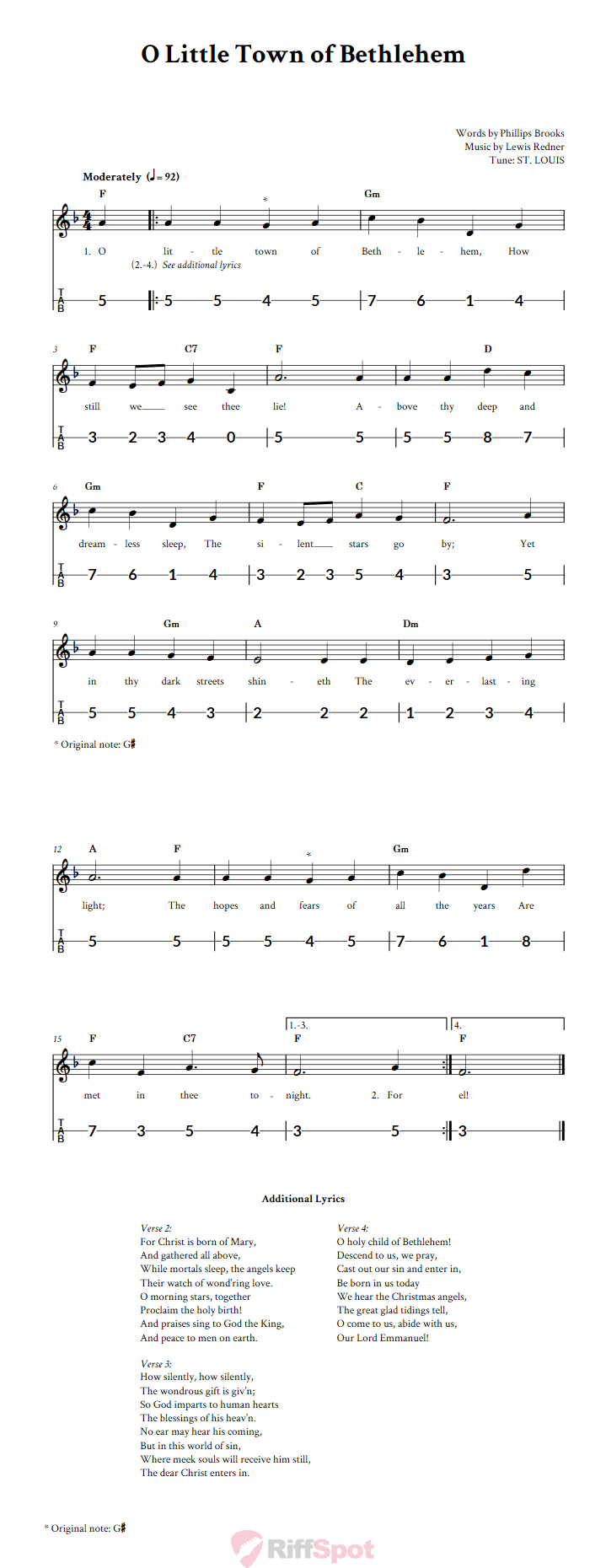 O Little Town of Bethlehem Canjo Sheet Music and Tab