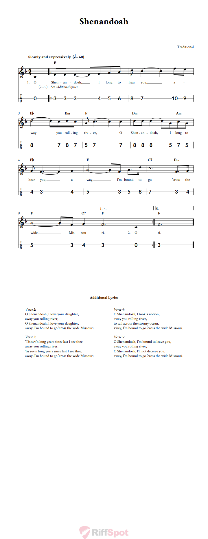 Shenandoah Canjo Sheet Music and Tab