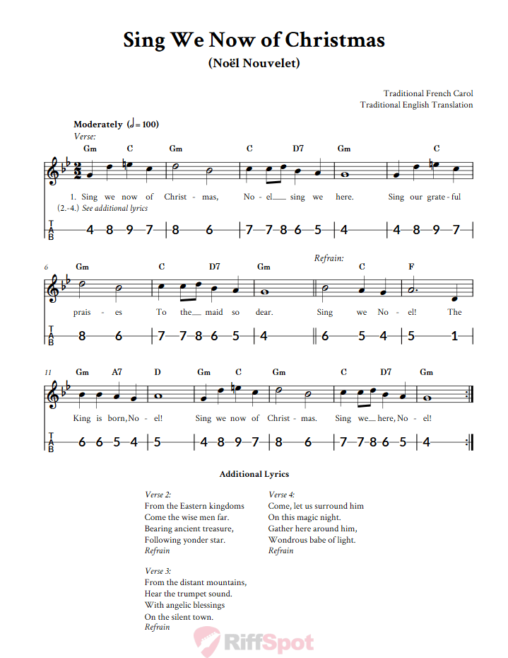 Sing We Now of Christmas Canjo Sheet Music and Tab