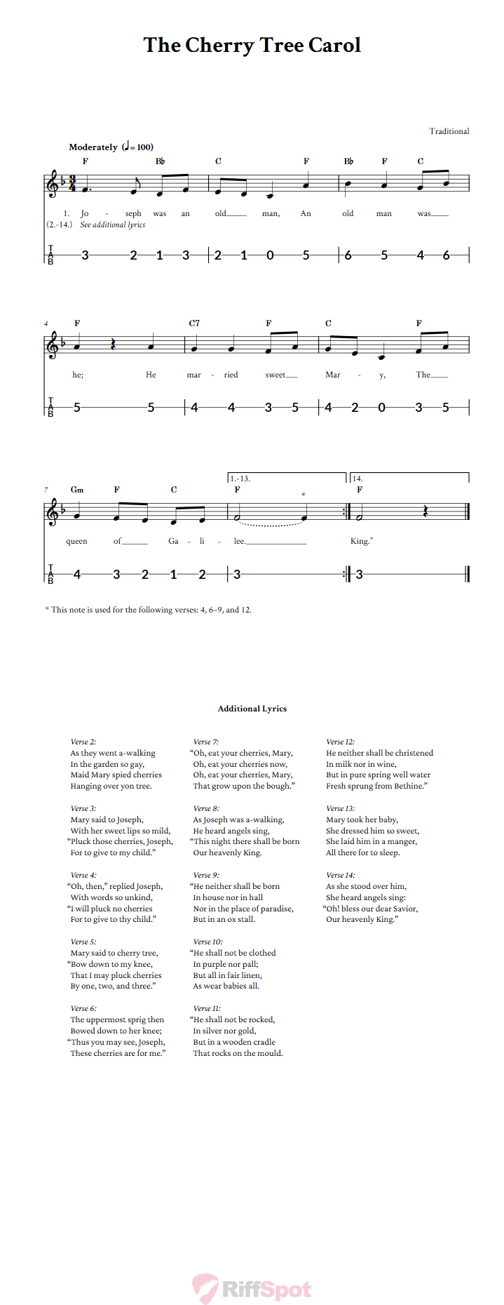 The Cherry Tree Carol Canjo Sheet Music and Tab