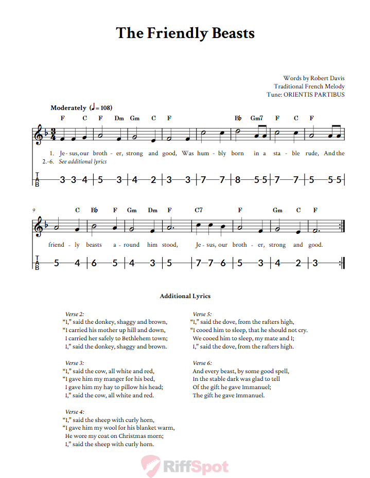 The Friendly Beasts Canjo Sheet Music and Tab