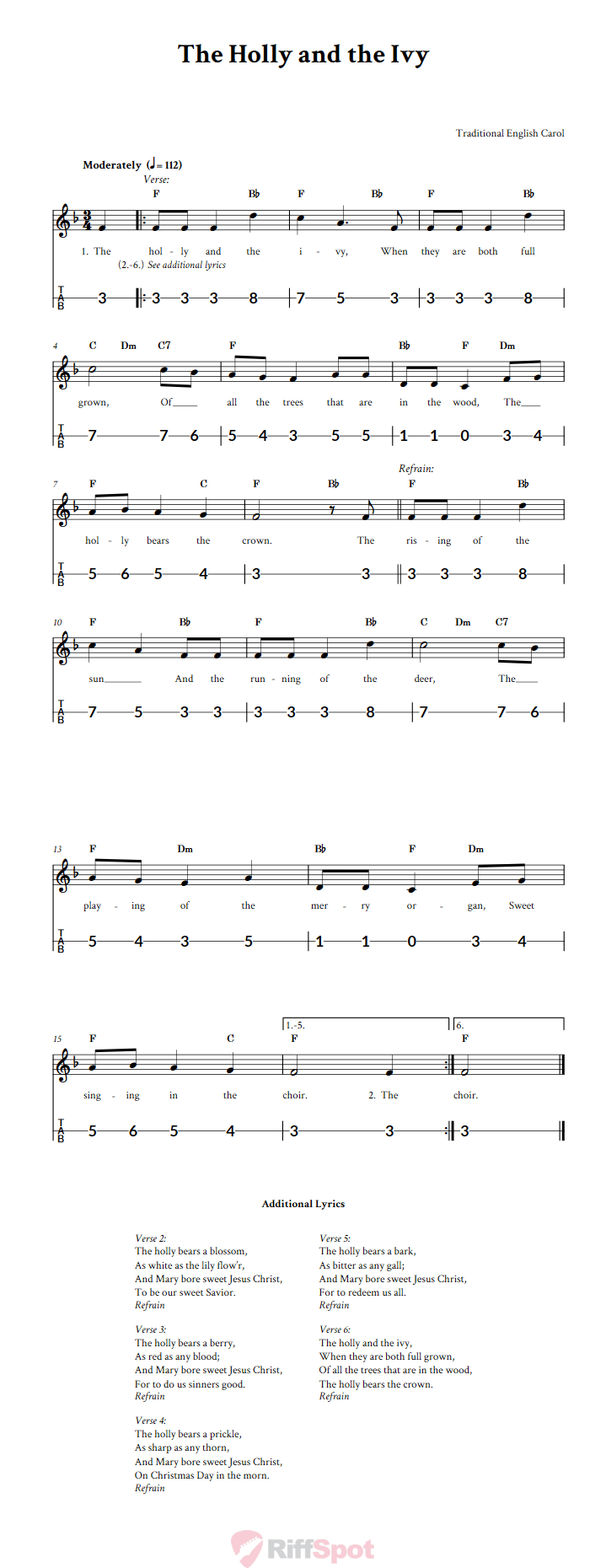 The Holly and the Ivy Canjo Sheet Music and Tab