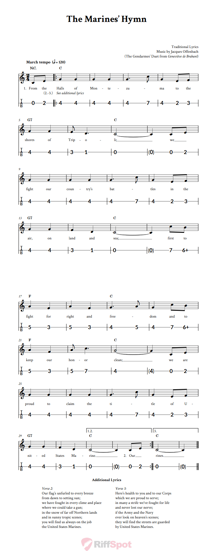 The Marines' Hymn Canjo Sheet Music and Tab