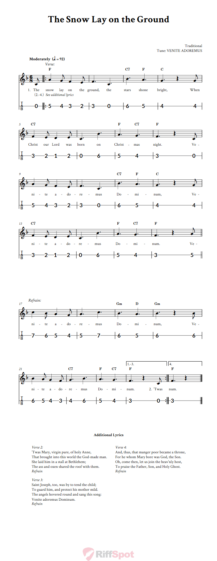 The Snow Lay on the Ground Canjo Sheet Music and Tab