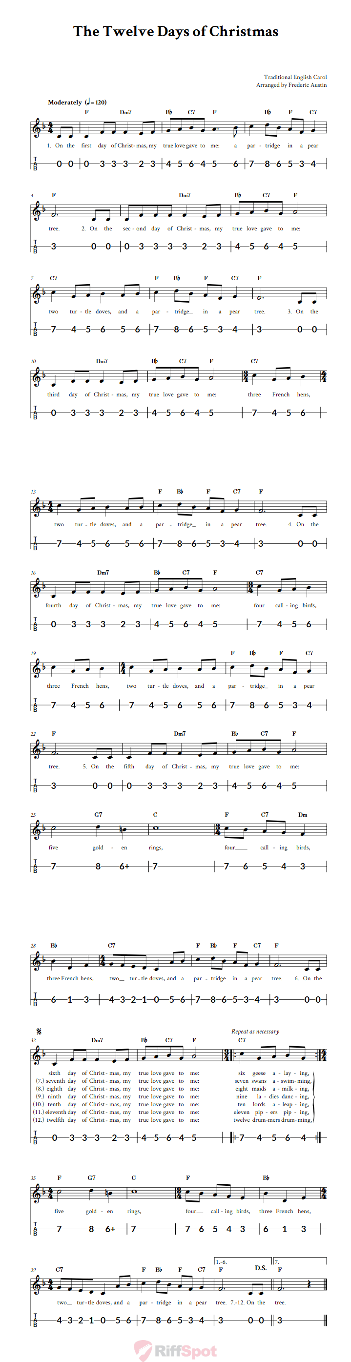 The Twelve Days of Christmas Canjo Sheet Music and Tab