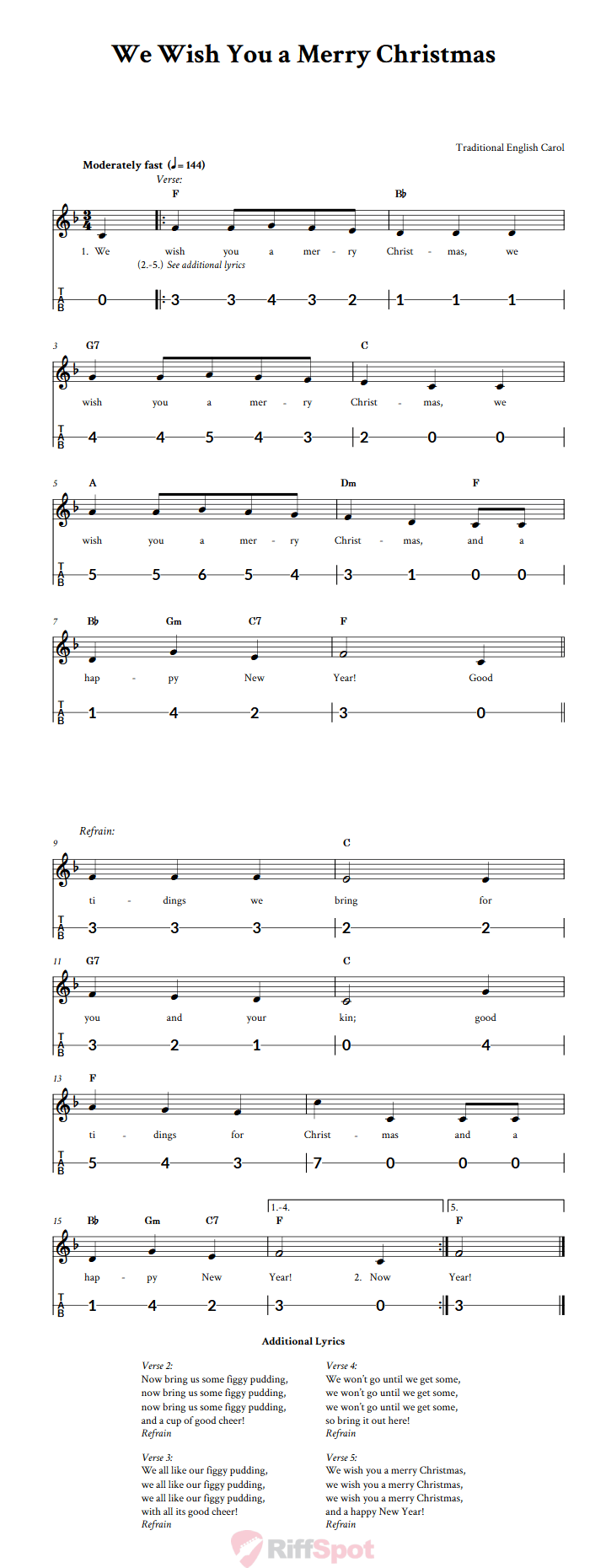 We Wish You a Merry Christmas Canjo Sheet Music and Tab