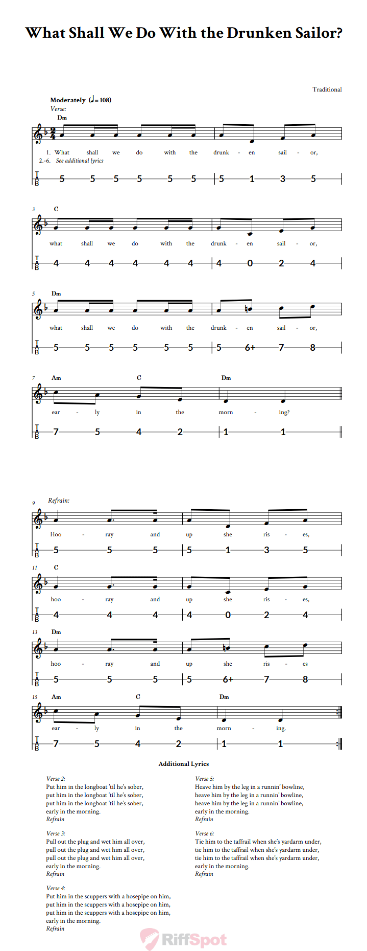 What Shall We Do With the Drunken Sailor? Canjo Sheet Music and Tab