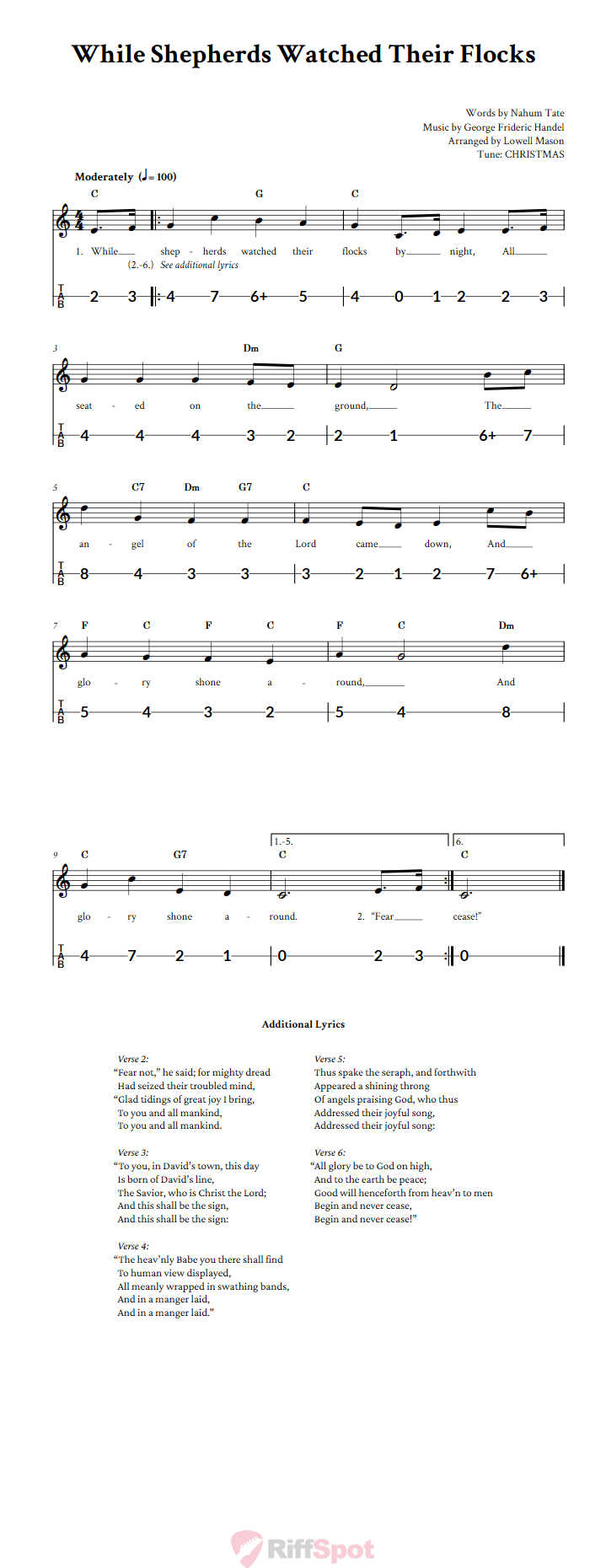 While Shepherds Watched Their Flocks Canjo Sheet Music and Tab