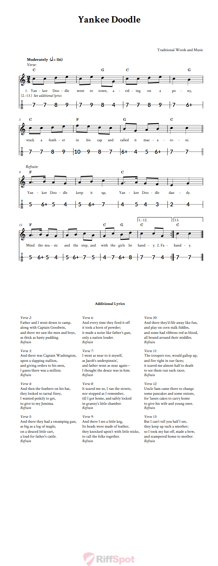 Yankee Doodle Canjo Sheet Music and Tab