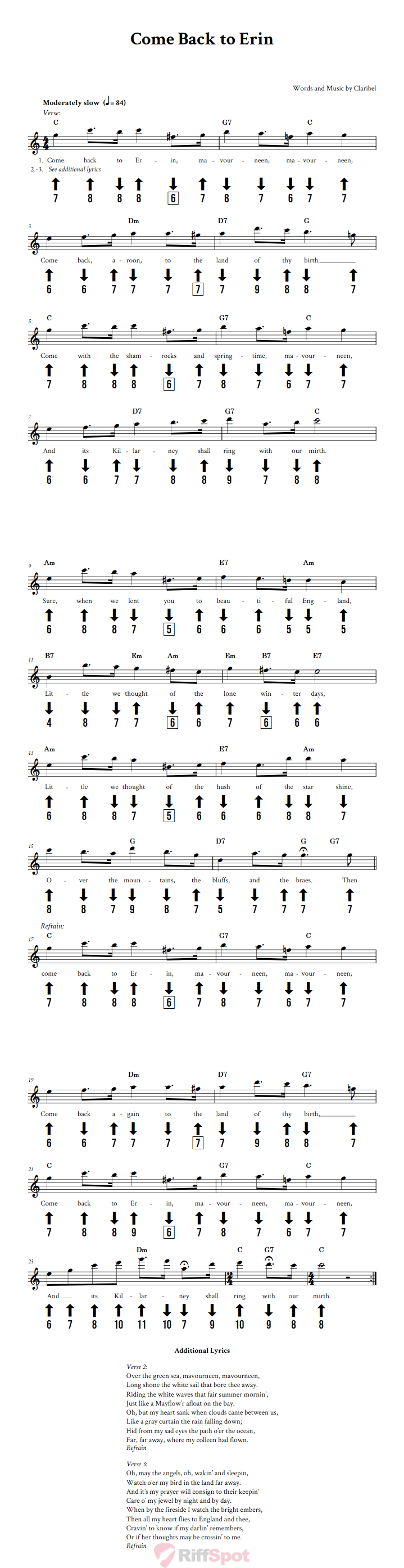 Come Back to Erin Chromatic Harmonica Tab