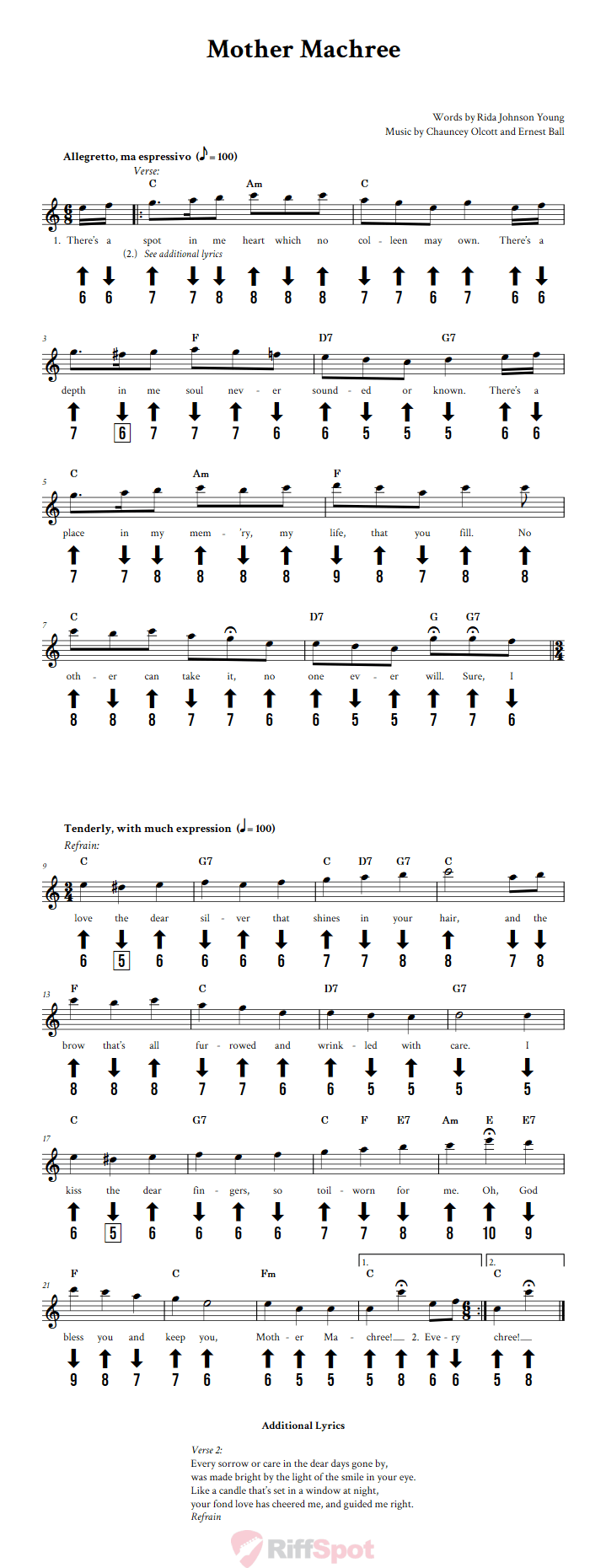 Mother Machree Chromatic Harmonica Tab