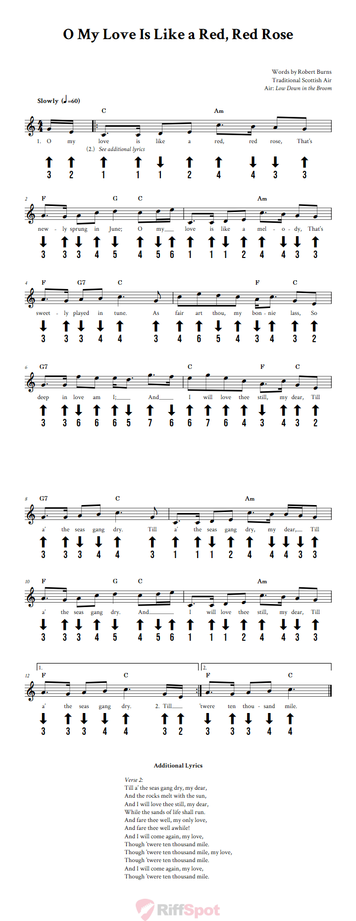 O My Love Is Like a Red, Red Rose Chromatic Harmonica Tab