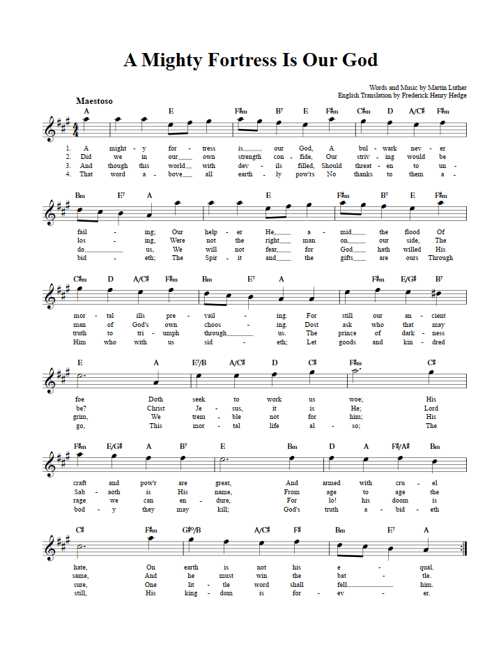 A Mighty Fortress Is Our God Treble Clef Sheet Music for E-Flat Instruments