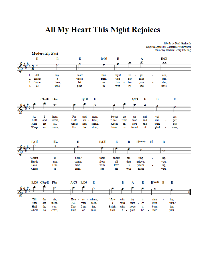 All My Heart This Night Rejoices Treble Clef Sheet Music for E-Flat Instruments