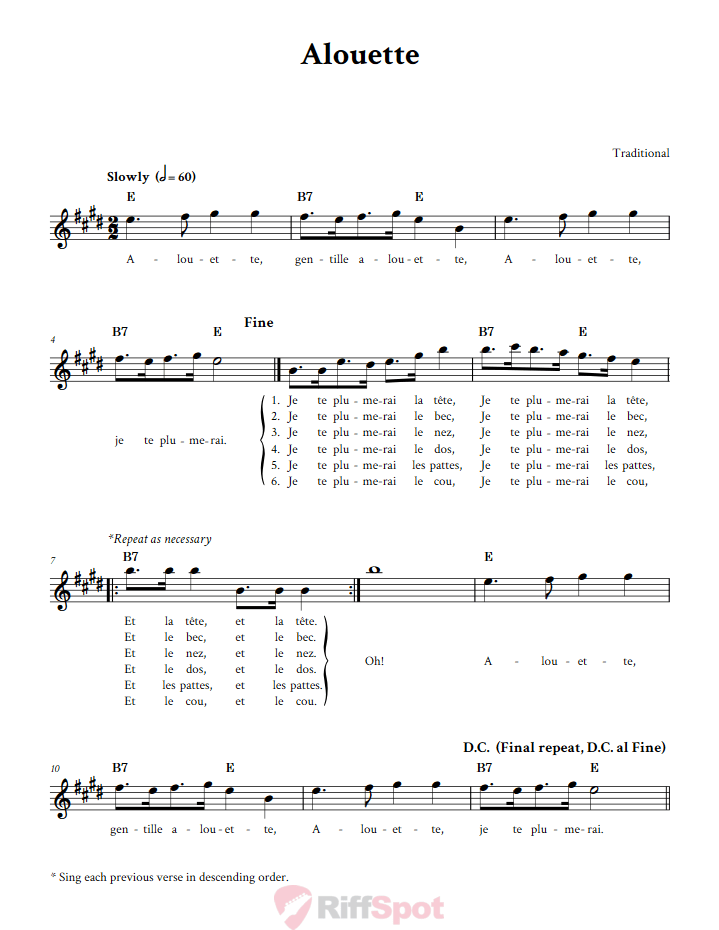 Alouette Sheet Music for Alto Saxophone and Other E-flat Instruments