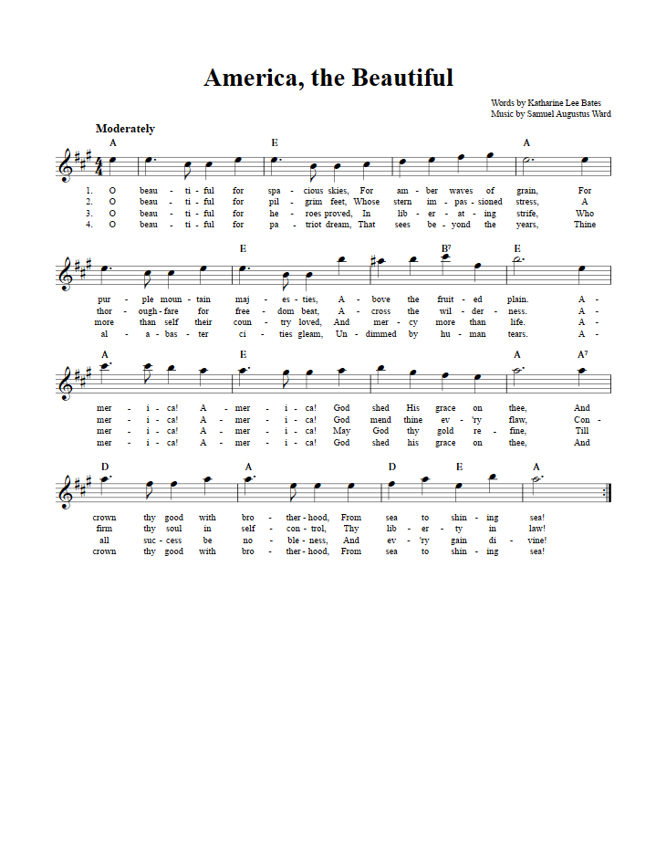 America, the Beautiful Treble Clef Sheet Music for E-Flat Instruments
