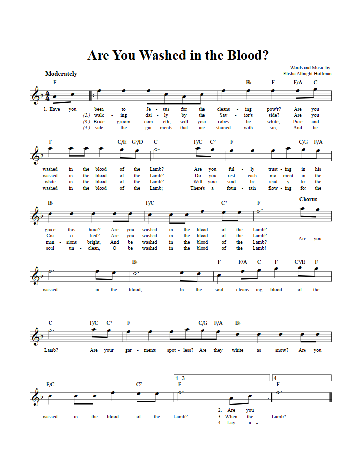 Are You Washed in the Blood? Treble Clef Sheet Music for E-Flat Instruments