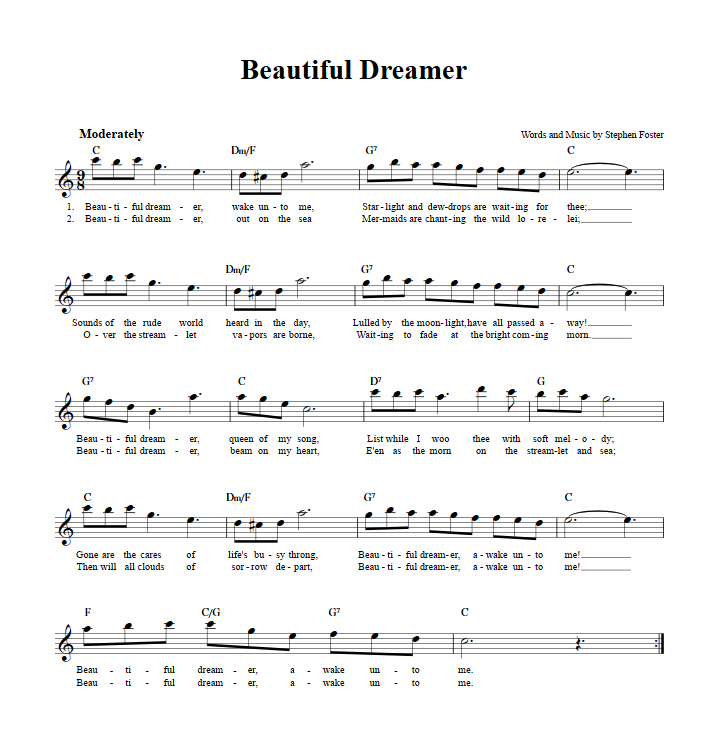 Beautiful Dreamer Treble Clef Sheet Music for E-Flat Instruments