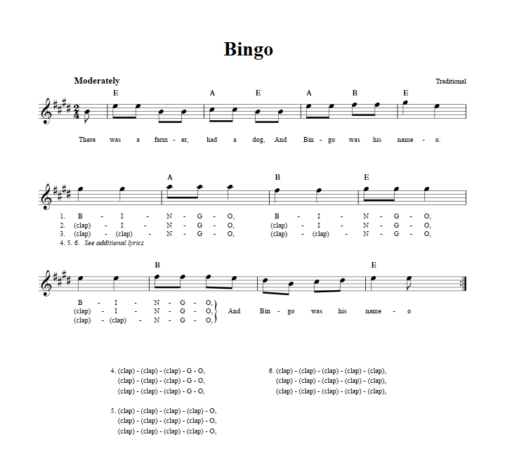 Bingo Treble Clef Sheet Music for E-Flat Instruments