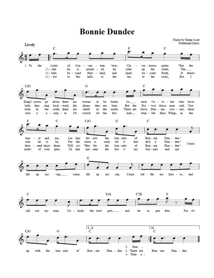 Bonnie Dundee Treble Clef Sheet Music for E-Flat Instruments