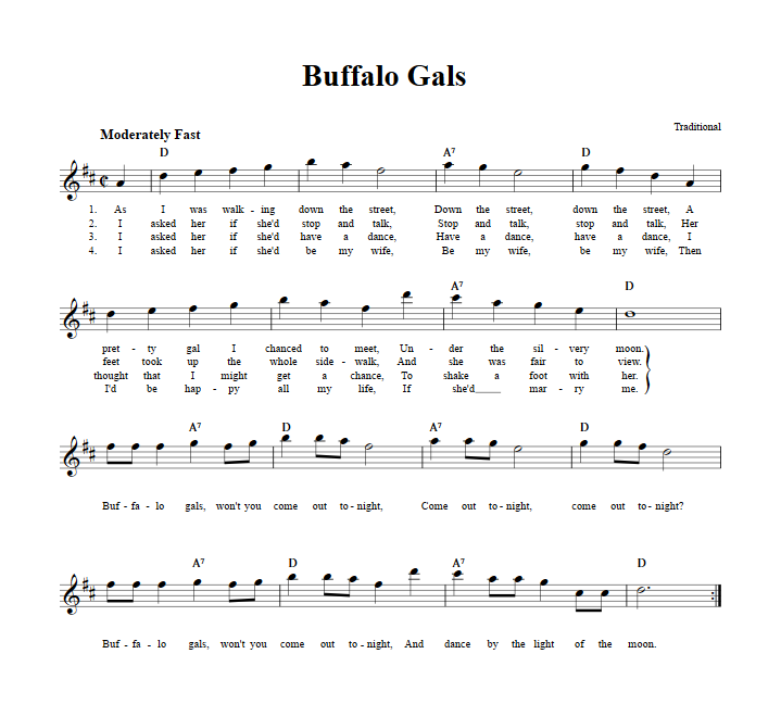 Buffalo Gals Treble Clef Sheet Music for E-Flat Instruments