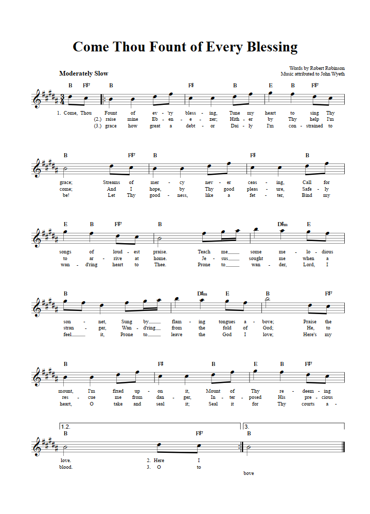 Come Thou Fount of Every Blessing Treble Clef Sheet Music for E-Flat Instruments