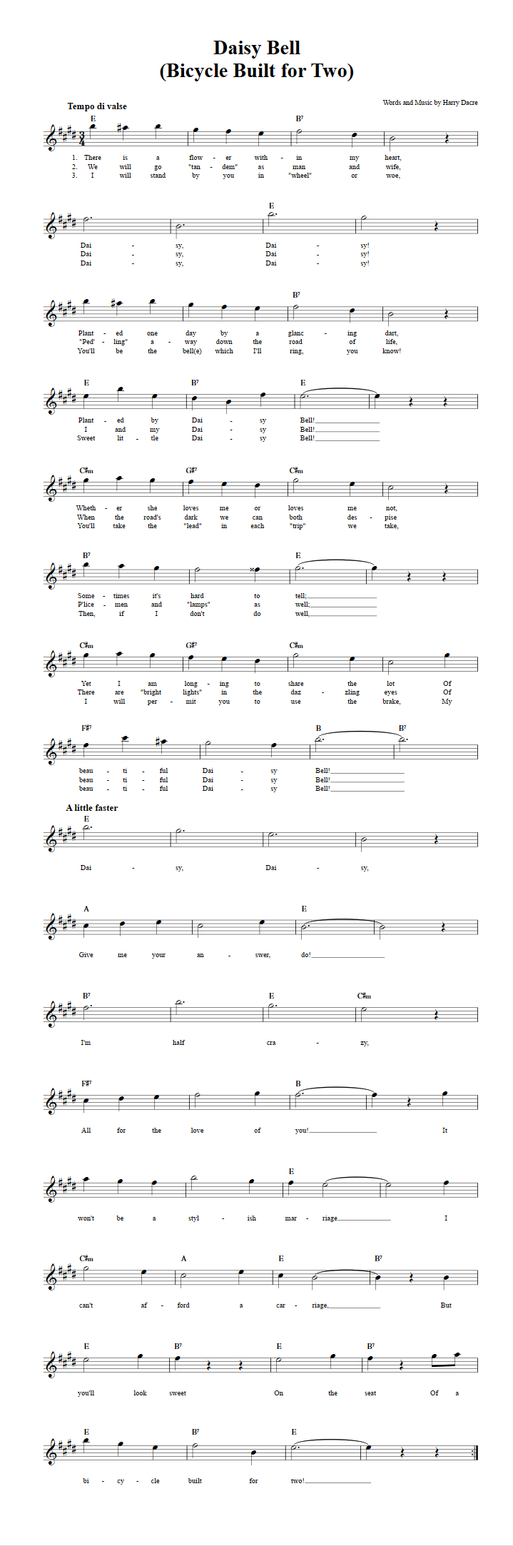 Daisy Bell Treble Clef Sheet Music for E-Flat Instruments
