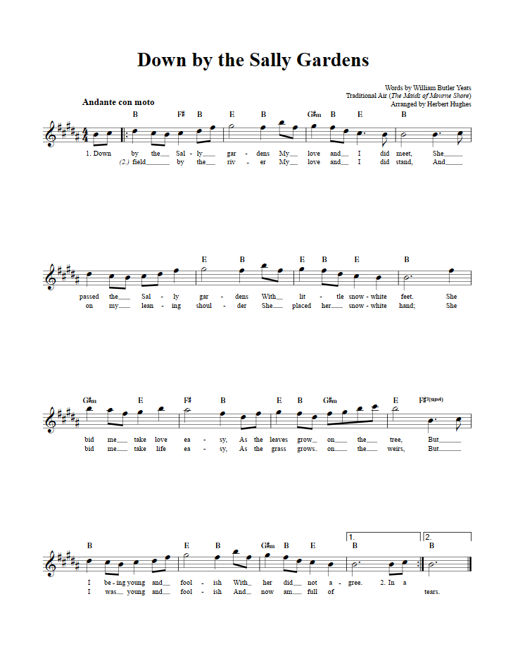 Down by the Sally Gardens Treble Clef Sheet Music for E-Flat Instruments