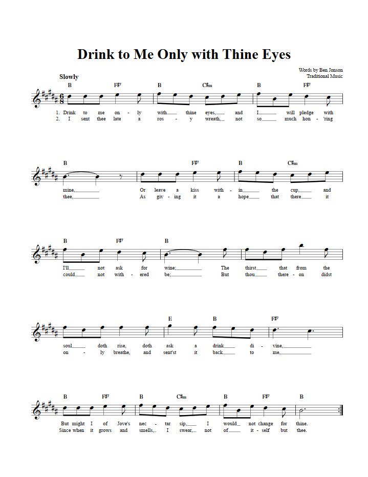 Drink to Me Only with Thine Eyes Treble Clef Sheet Music for E-Flat Instruments