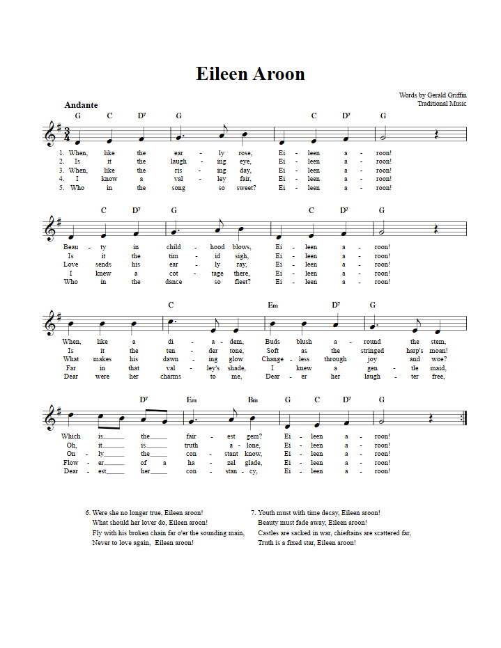 Eileen Aroon Treble Clef Sheet Music for E-Flat Instruments