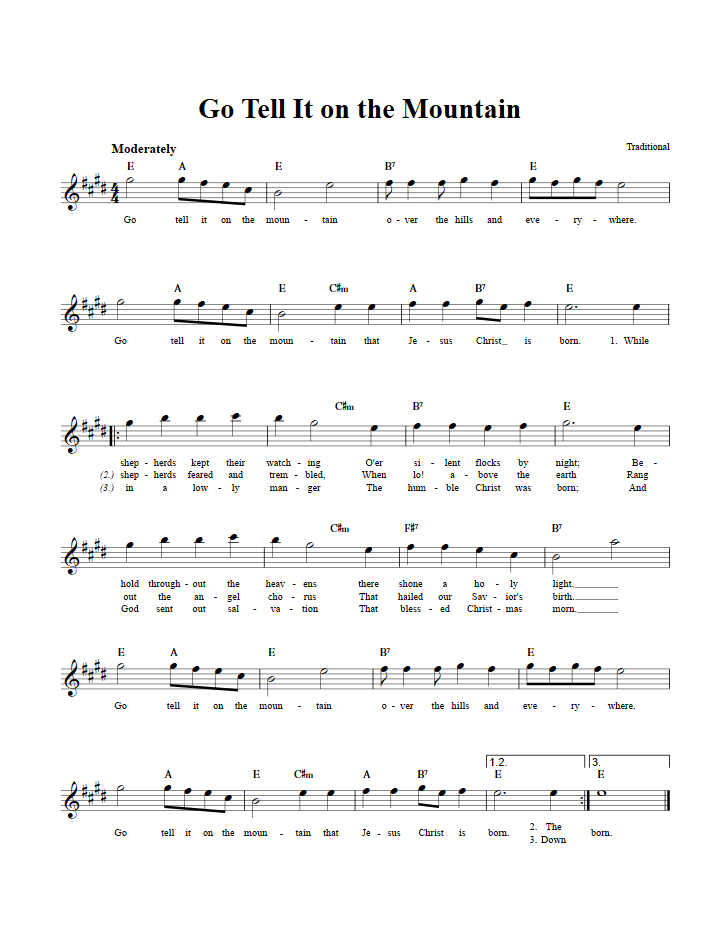 Go Tell It on the Mountain Treble Clef Sheet Music for E-Flat Instruments