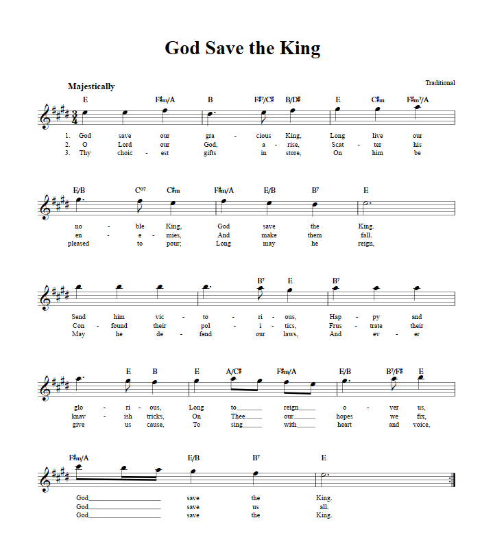 God Save the King Treble Clef Sheet Music for E-Flat Instruments