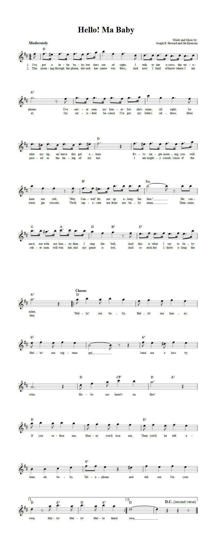 Hello! Ma Baby Treble Clef Sheet Music for E-Flat Instruments