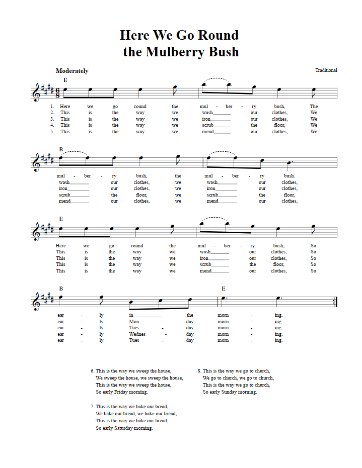 Here We Go Round the Mulberry Bush Treble Clef Sheet Music for E-Flat Instruments