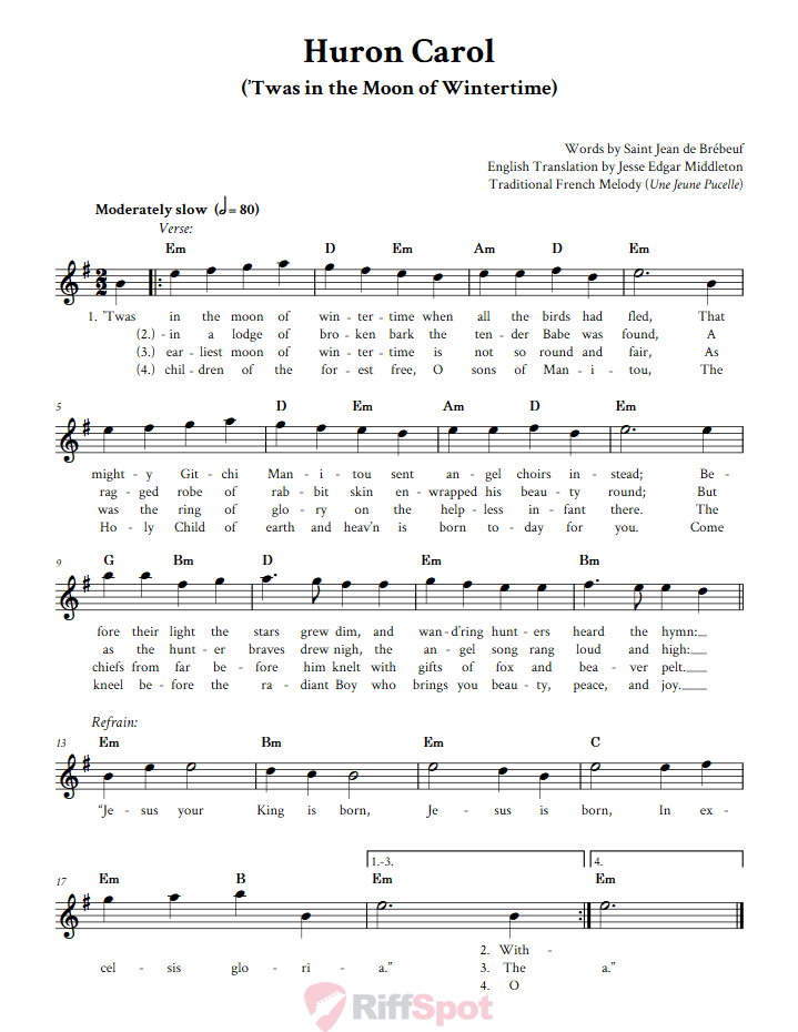 Huron Carol Treble Clef Sheet Music for E-Flat Instruments