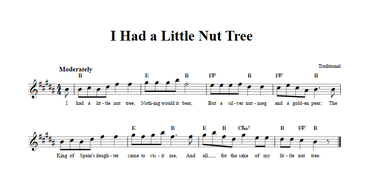 I Had a Little Nut Tree Treble Clef Sheet Music for E-Flat Instruments