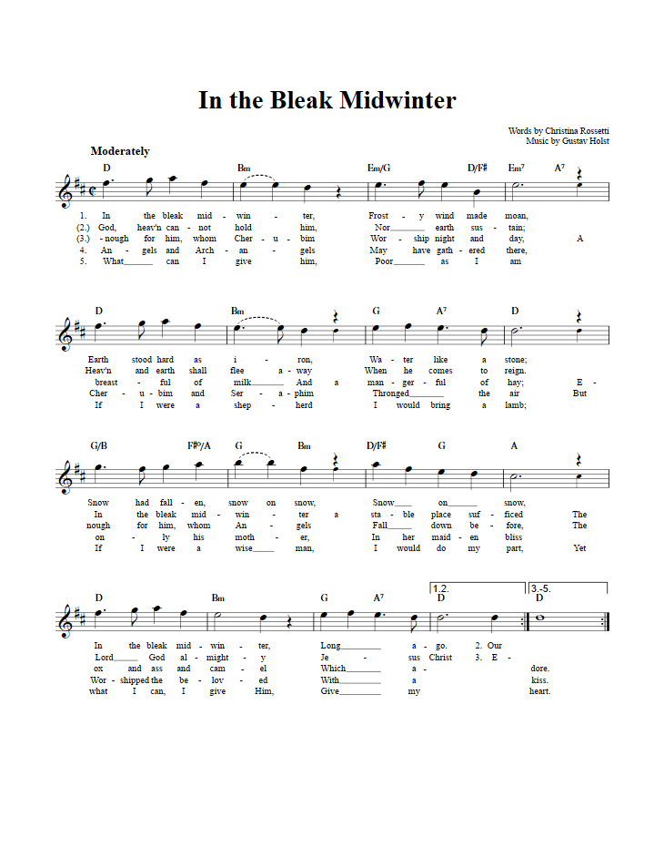 In the Bleak Midwinter Treble Clef Sheet Music for E-Flat Instruments