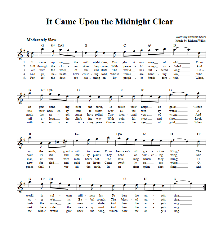 It Came Upon the Midnight Clear Treble Clef Sheet Music for E-Flat Instruments