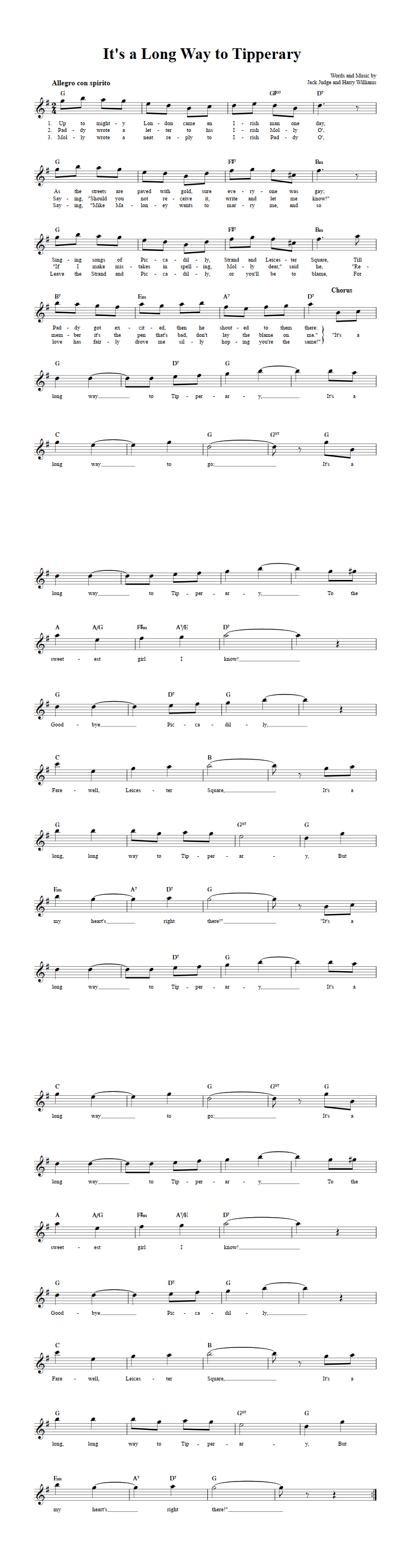 It's a Long Way to Tipperary Treble Clef Sheet Music for E-Flat Instruments