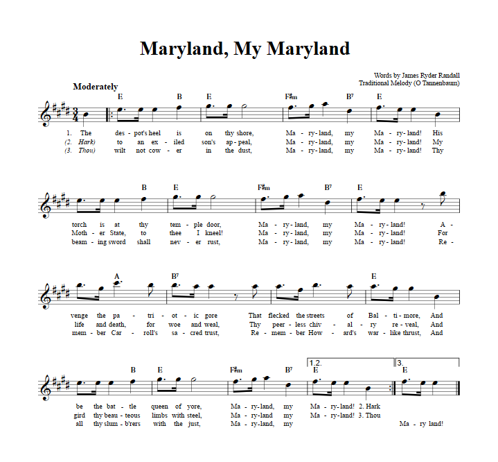 Maryland, My Maryland Treble Clef Sheet Music for E-Flat Instruments